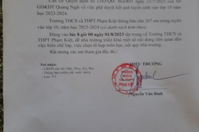 Thông Báo tập trung học sinh trúng tuyển vào khối 10 năm học 2023-2024. Kèm danh sách